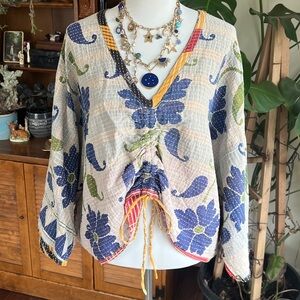 Kantha Bae Butterfly Cinch Tie Floral Kantha Reversible V-Neck Top Shirt OS